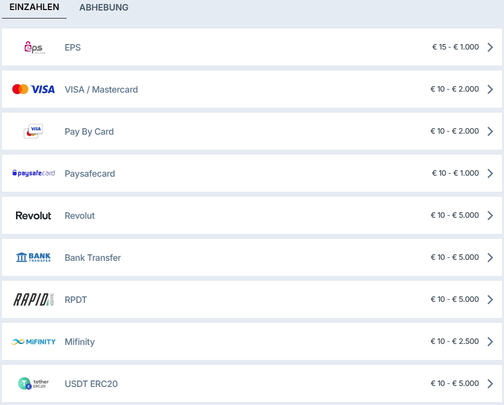 Zoccer Casino Einzahlungsmethoden mit EPS, Visa, Revolut, MiFinity und USDT