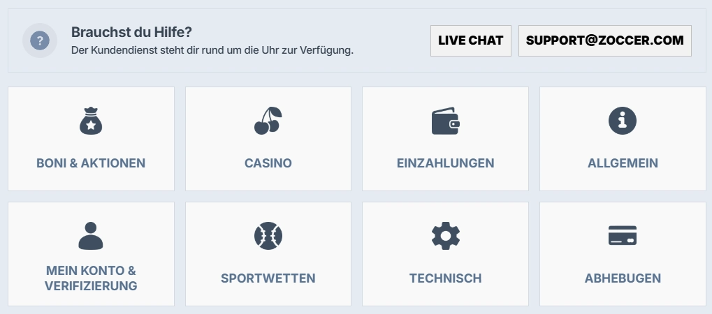 Zoccer Casino Kundenservice mit Live Chat, Support E-Mail und Hilfe-Kategorien