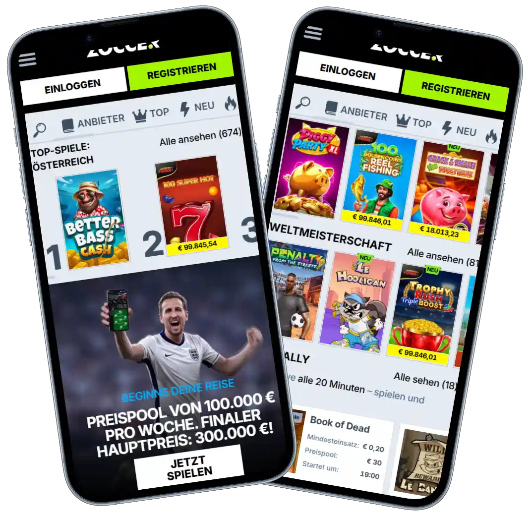 Zoccer Casino mobile Ansicht mit Slot Spielen, Turnierbereich und Registrierung