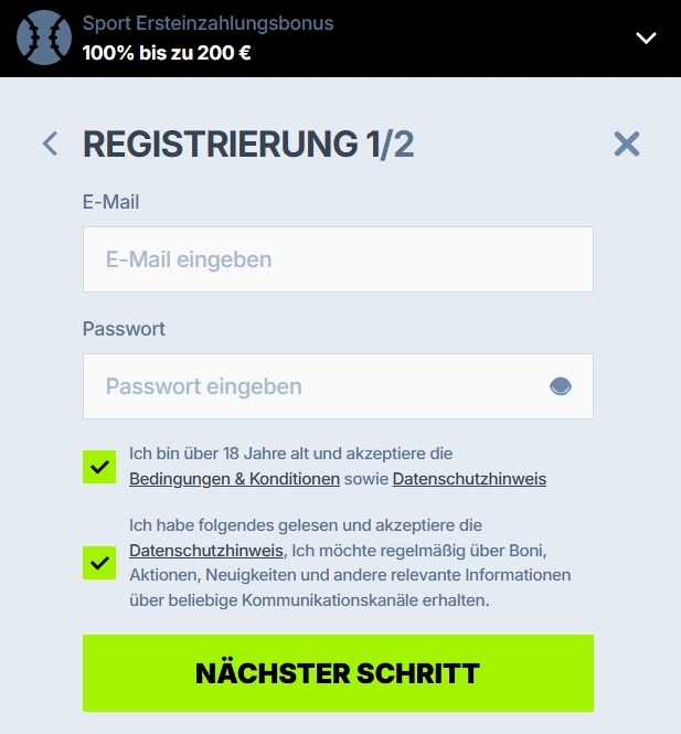 Zoccer Casino Registrierung mit E-Mail, Passwort und Bonus-Auswahl